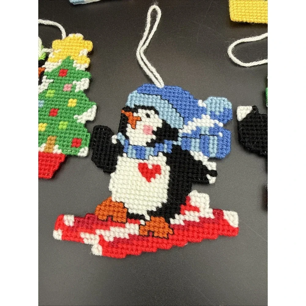 Lot of 8 Plastic Canvas Ornaments Christmas Penguin Snowman Cottage